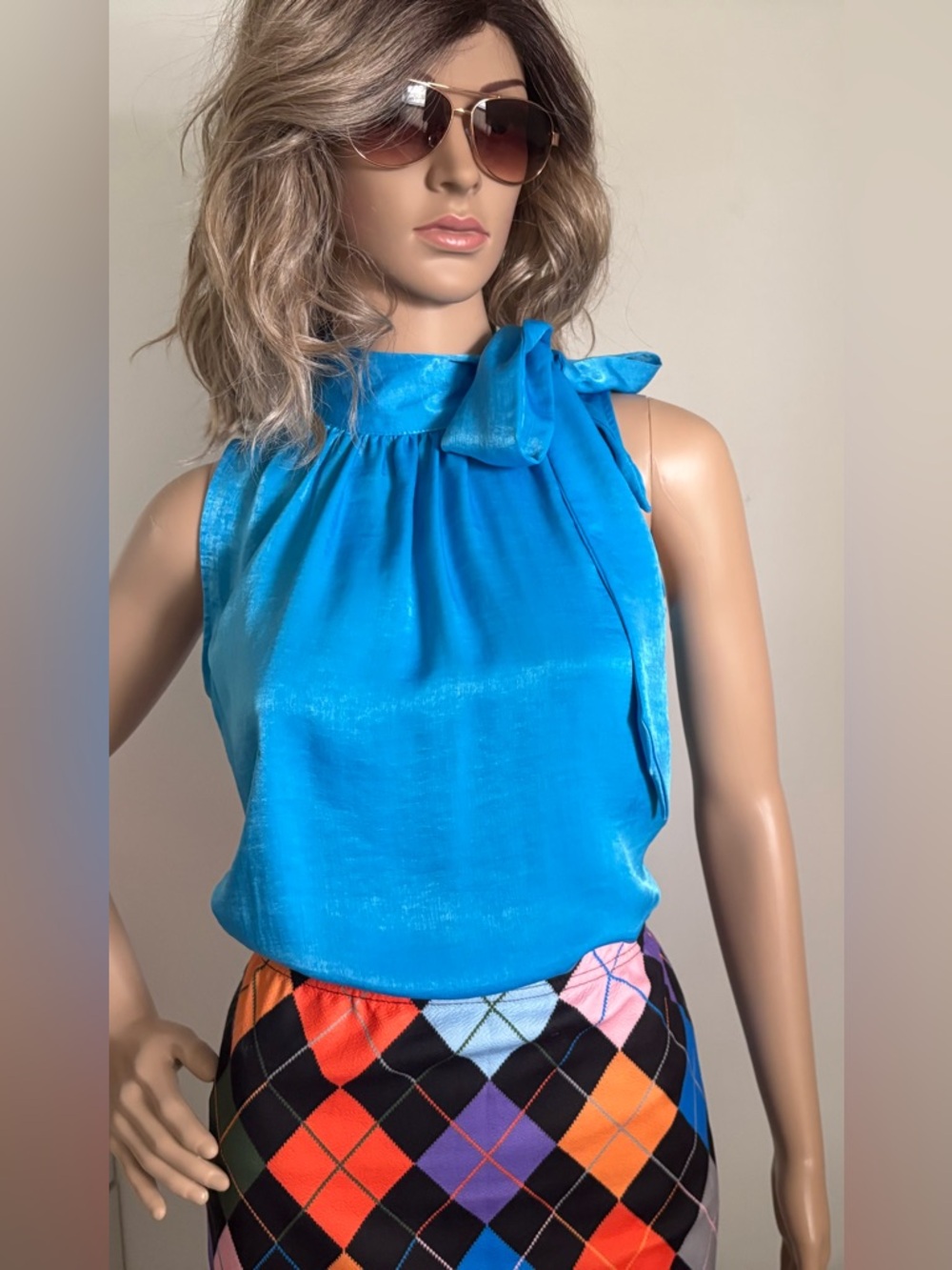 Worthington Sleek Tie-Neck Satin Shell Top in Turquoise, very soft fabric Sz XS
